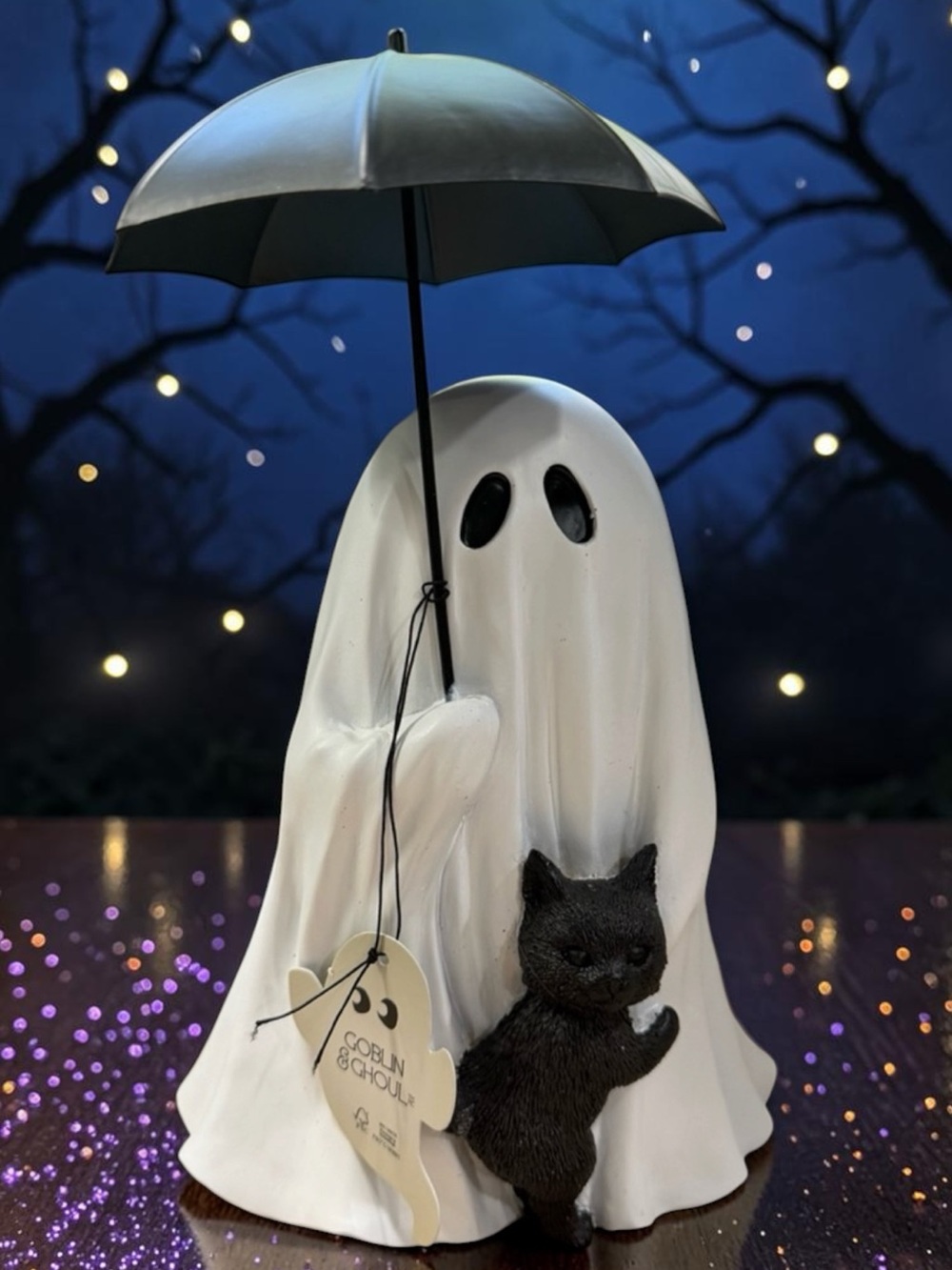 NWT Goblin & Ghoul Ghost with Black Cat & Umbrella Halloween Figurine 11” Decor